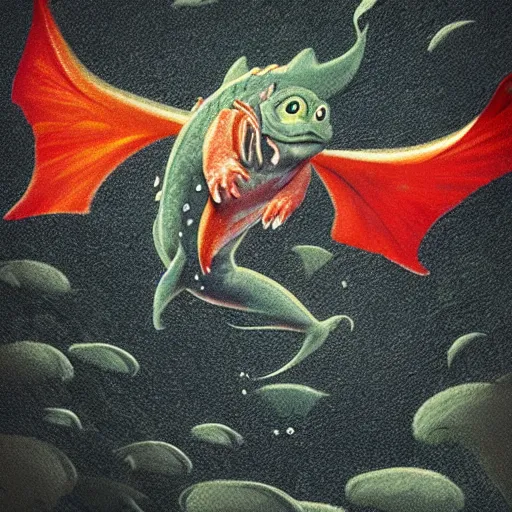 Image similar to fish with gollum face flying, rainy, lighting, dragon wings