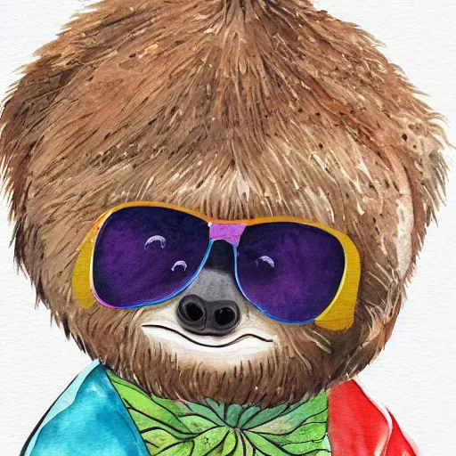 Prompt: a sloth wearing sunglasses and a Hawaii shirt, children\'s book watercolor illustration, digital art