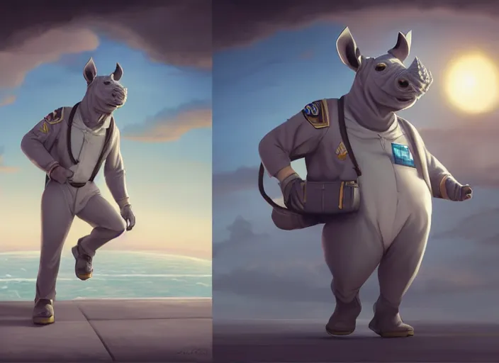 Prompt: character portrait feature of the anthro male anthropomorphic rhino fursona wearing airline pilot outfit uniform professional pilot character design stylized by charlie bowater, ross tran, artgerm, and makoto shinkai, detailed, soft lighting, rendered in octane, maldives in background