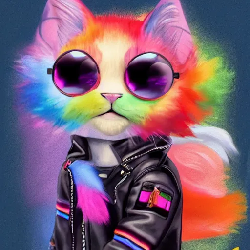 Image similar to wide angle full body, jacket wearing fluffy cute rainbow kitten wearing a black leather motorcycle jacket, concept art