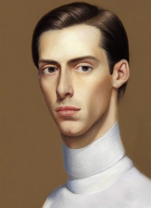 Image similar to a very skinny young white male close-up portrait of young white male, with long dark brown slicked back hair shoulder length slicked back hair, with pearl necklace and pearl earing, in the museum, in white turtleneck shirt, Tarzan, painting in the museum, highly detailed, sharp focus, digital painting