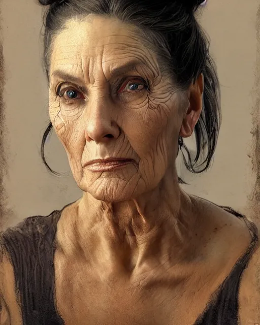 Prompt: portrait 6 0 - year - old woman, tall, severe - looking, with dark hair tied up in a bun, hyper realistic face, beautiful eyes, fantasy art, in the style of greg rutkowski, intricate, alphonse mucha, hyper detailed, smooth