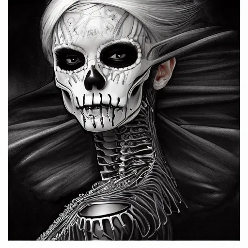 Prompt: a photograpic portrait of a anthropomorphic skeleton wearing black clothes, silver hair, fantasy, intricate, elegant, highly detailed, digital painting, artstation, concept art, smooth, sharp focus, illustration, art by artgerm and H R Giger and alphonse mucha