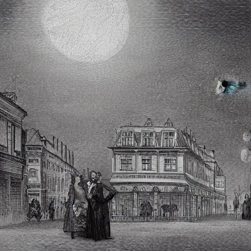 Image similar to Drawing of the city Mainz, gentleman, victorian ladies, dramatic clouds, moon, depth, Chiaroscuro, illustration by Gustave Doré