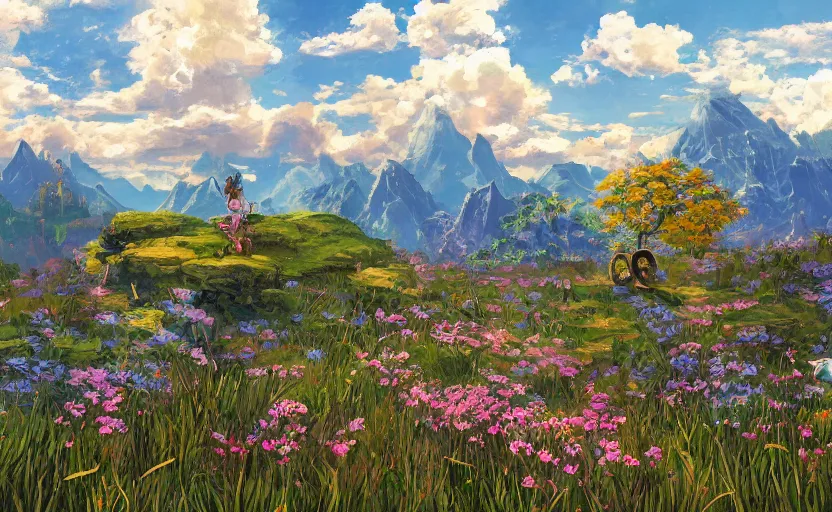 Prompt: fantastic anime sunny meadow with flowers, lone old Oak in the middle plane and mountains on the background, by Hayao Miyazaki, Nausicaa, Ghibli, Breath of the wild, Anime wallpaper