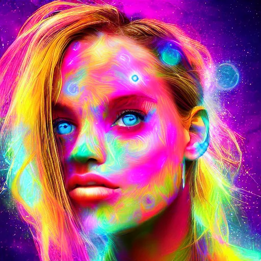 Prompt: Psychadelic picture of a womans face expanding her consciousness into the universe, digital art, high resolution