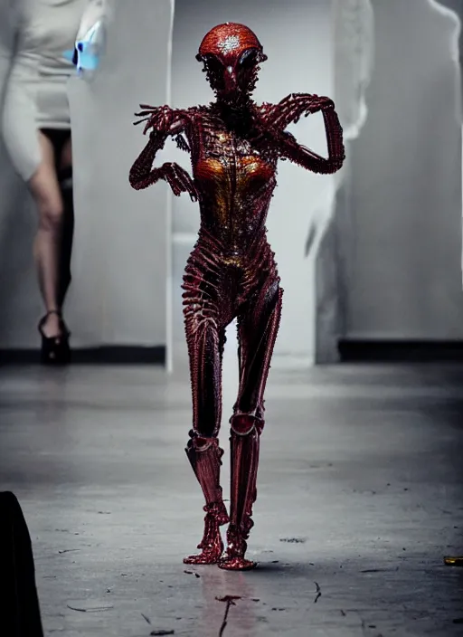 Image similar to walking down the catwalk, steven klein, ben watts, show, stage, vogue photo, podium, fashion show photo, iris van herpen, beautiful woman, perfect body, full body shot, helmet on face, masterpiece, guyver, jellyfish, biomechanical details, movie still, fauvism, cinestill, bokeh, gelios lens