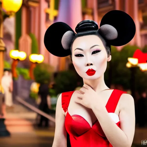 Image similar to beautiful bald chinese woman with pinup girl makeup at disneyland wearing mouse ears, night, highly detailed, theatrical lighting, sharp focus, unreal engine, epic cinematic hyperrealism masterpiece