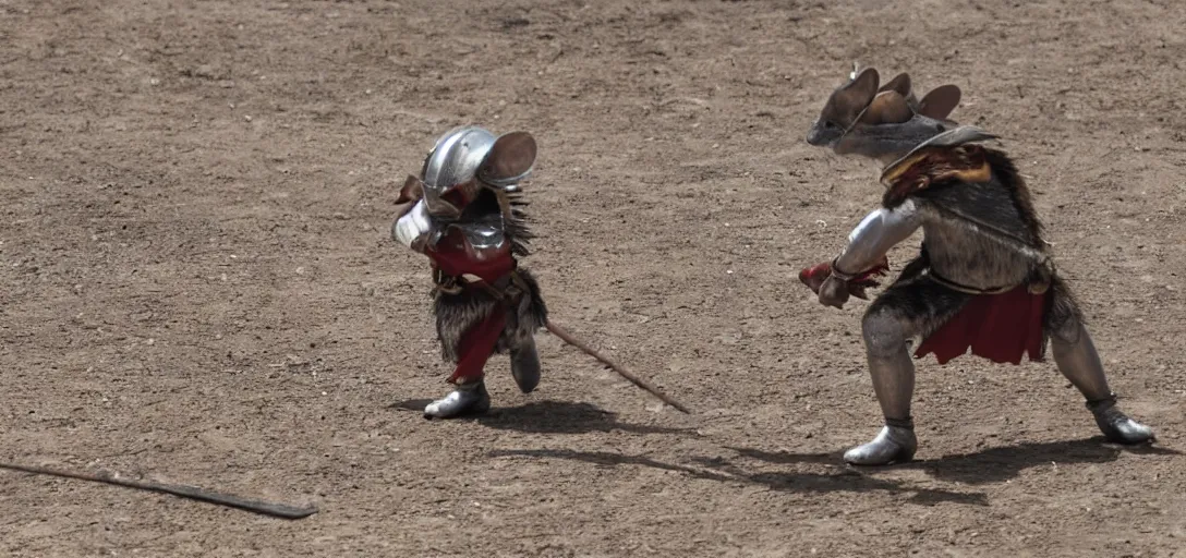 Prompt: mices as gladiator fight in a gladiator arena