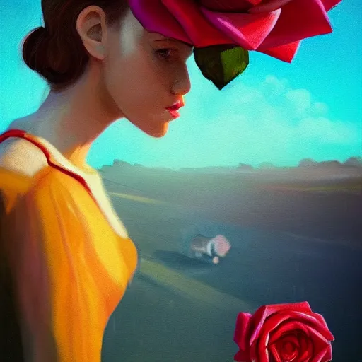 Image similar to portrait, giant rose flower head, girl in a suit, surreal photography, sunrise, blue sky, dramatic light, impressionist painting, digital painting, artstation, simon stalenhag