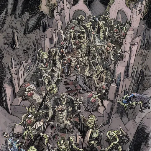 Image similar to Horde of the undead, with the faces of Gollum, attacks the castle, top view, flying dragons,