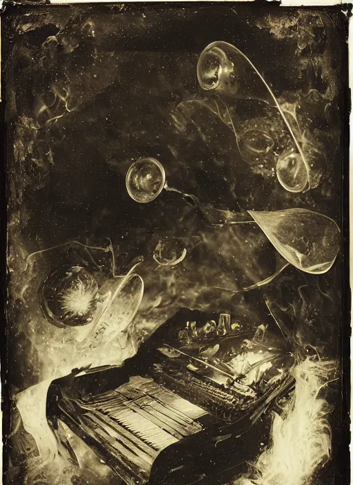 Image similar to old wetplate daguerreotype portrait of the birth of a genius musician, explosion of data fragments, fractal, intricate, elegant, highly detailed, parallax, leica, medium format, subsurface scattering, by jheronimus bosch and greg rutkowski and louis jacques mande daguerre