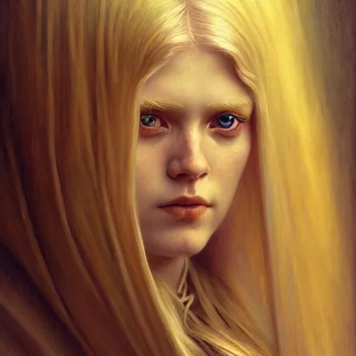 Image similar to portrait of a blond viking girl, surreal, fantasy, intricate, elegant, dramatic lighting, highly detailed, lifelike, photorealistic, digital painting, artstation, concept art, smooth, sharp focus, illustration, art by John Collier and Krenz Cushart and Artem Demura and Alphonse Mucha and Albert Aublet