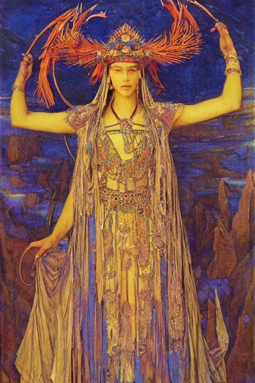 Prompt: queen of the lost city with her regalia, by Annie Swynnerton and Nicholas Roerich and jean delville, dramatic cinematic lighting , ornate headdress , flowing robes, lost civilizations, extremely detailed