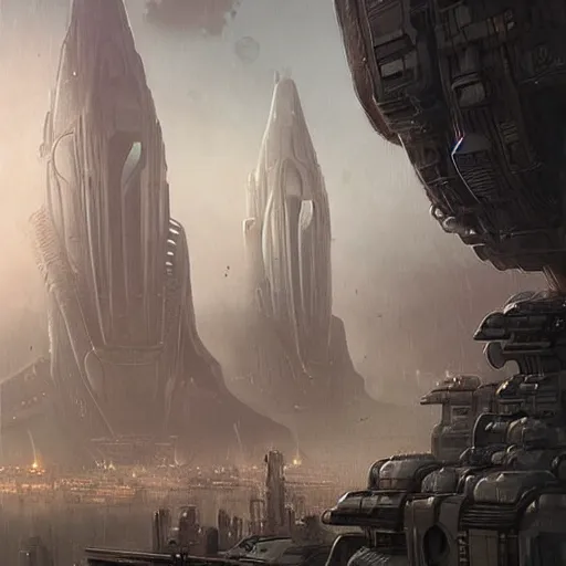 Prompt: alien city, greg rutkowski, highly detailed, deep focus