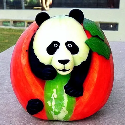 Image similar to watermelon carved to reveal a panda. the green watermelon rind defines its feet. the red flesh of the watermelon forms its body.