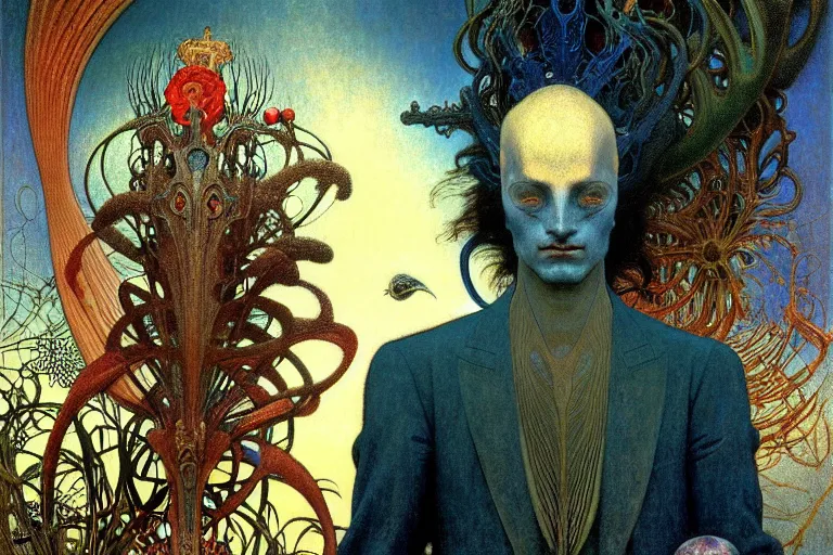 Image similar to realistic detailed portrait painting of a beautiful man with bird head, nightly graveyard landscape background by Jean Delville, Amano, Yves Tanguy, Max Ernst, Alphonse Mucha, Ernst Haeckel, Edward Robert Hughes, Roger Dean, masterpiece, cinematic composition, dramatic pose, 4k details, rich moody colours, blue eyes