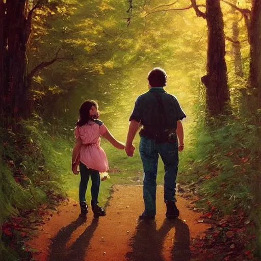 Image similar to A painting of a father and daughter walking through a beautiful forest holding hands, brunette hair, golden hour, art by Kenne Gregoire and Krenz Cushart, Norman Rockwell trending on artstation