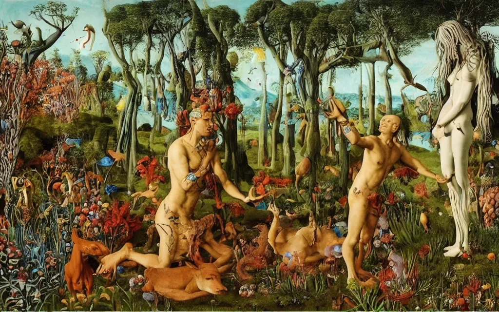 Image similar to photograph of a meditating centaur shaman and a mermaid feeding animals. surrounded by bulbous flowers, animals and a few trees. river delta with dry rocky mountains under a blue sky full of burning stars. painted by jan van eyck, max ernst, ernst haeckel, ernst fuchs and artgerm. trending on artstation, treding on cgsociety