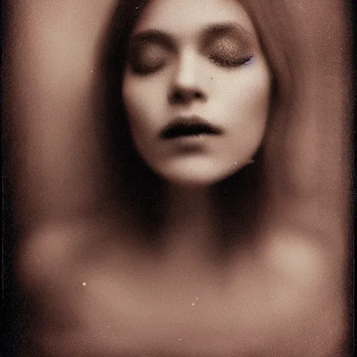 Image similar to fuji film, wetplate, motion blur, realistic character portrait photo of a beautiful woman, muted colours, by britt marling, glitter