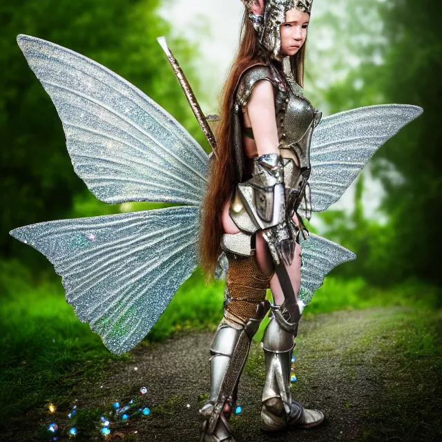 Image similar to full length photo of a fairy warrior wearing sparkly armour, highly detailed, 4 k, hdr, smooth, sharp focus, high resolution, award - winning photo