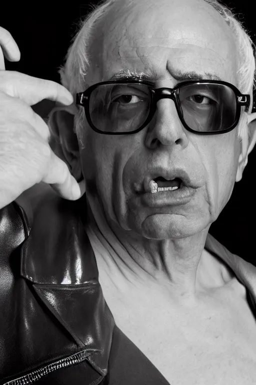 Image similar to a fashion photo portrait of Senator Bernie Sanders, fetish, leather, pvc, medium shot. In the style of Helmut newton, robert maplethorpe, Stefano Brunesci, Lachlan Bailey, Herb Ritts, Ellen Von Unwerth, Haris Nukem, Sardax, Annie Leibovitz. detailed photo, hd, 4k, trending on artstation, b&w, 35mm, f1.8