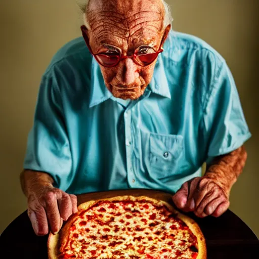 Image similar to an elderly man wearing a mask made from a pizza, bold natural colors, national geographic photography, masterpiece, 8 k, raw, unedited, symmetrical balance