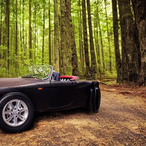 Prompt: a roadster covered by cat hair parking in the forest, warm light, front view, centered, 4k, hd, highly detailed