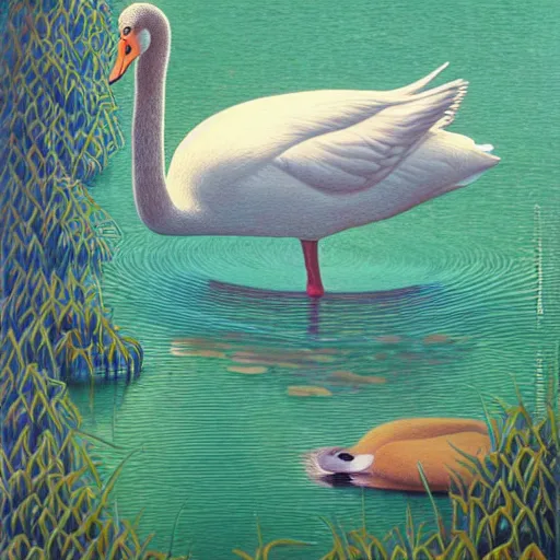 Image similar to colored pencil art on paper, swan seimming in a pond, by casey weldon, highly detailed, artstation, masterpiece, award - winning, caran d'ache luminance
