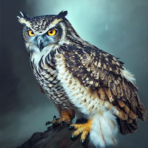 Image similar to eagle owl hybrid, character design, Kim Keever, oil painting, detailed, octane render, beautiful composition, trending on artstation, award-winning photograph, masterpiece