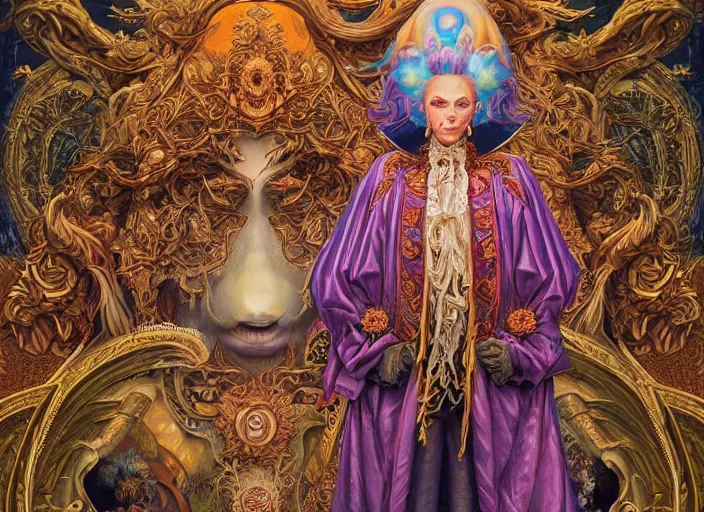 Image similar to beautiful oil painting, full length portrait of dauphinois in baroque coronation robes 1701, Dan Mumford, Dan Mumford, Alex grey, highly detailed , lsd visuals, dmt fractal patterns, hallucinogen, visionary art, psychedelic art, ornate, vaporwave, baroque, Greg rutkowski