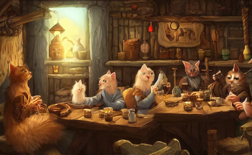 Image similar to cat folk talking inside a tavern, fantasy art, cozy, dnd, digital art, 4 k