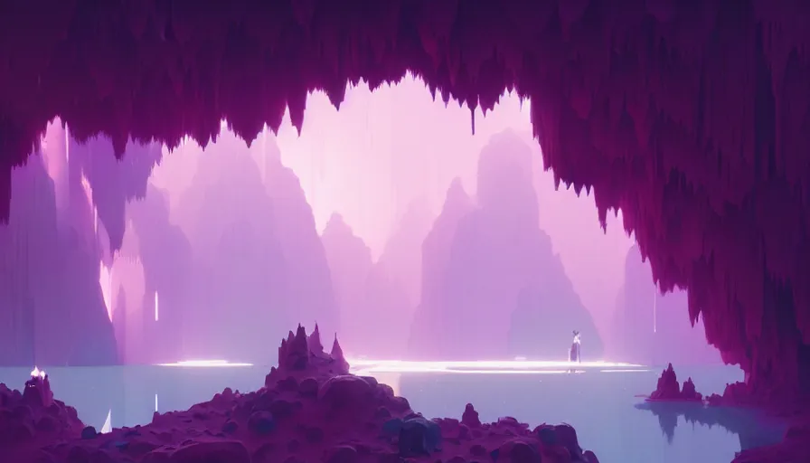 Image similar to highly detailed matte painting of a glistening crystal cave by atey ghailan, by greg rutkowski, by greg tocchini, by james gilliard, by joe fenton, pink, brown, black and light blue color scheme, octane render