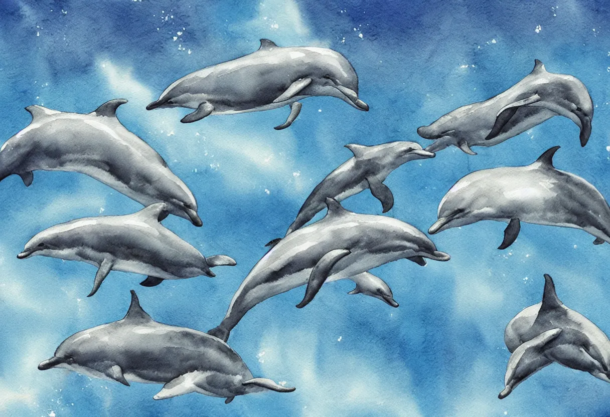 Image similar to close up on the mother of a family of dolphins flying through the sky together science fiction watercolor painting, highly detailed