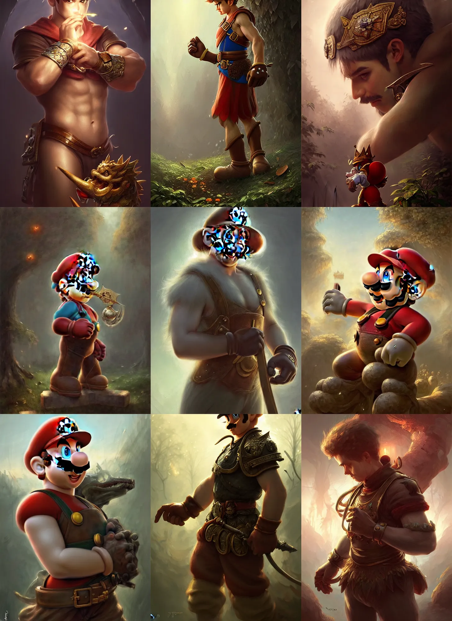 Image similar to mario after battle beaten and bruised, fantasy magic, light night, intricate, elegant, sharp focus, illustration, highly detailed, digital painting, concept art, matte, art by wlop and artgerm and ivan shishkin and andrey shishkin, masterpiece