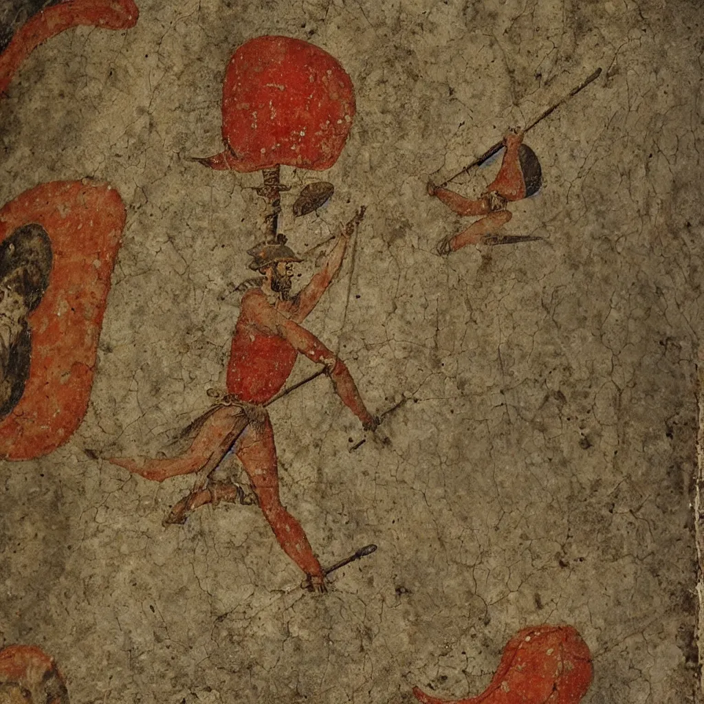 Prompt: medieval fresco of a man riding on top of an amanita muscaria mushroom