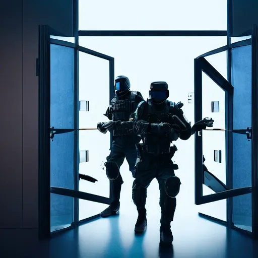 Prompt: a swat team breaking down a door, futuristic, cyberpunk, film still, 8k