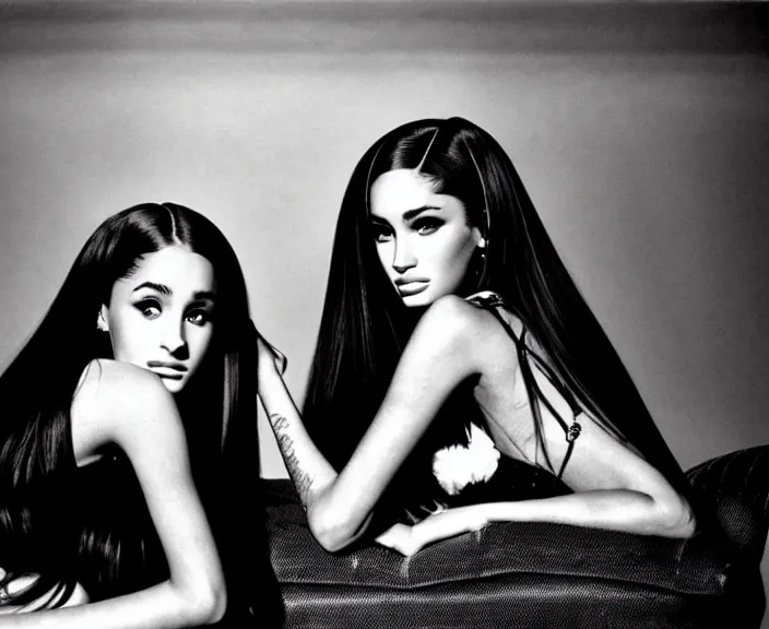 Prompt: award winning photo of Ariana Grande, Megan Fox sitting on a chesterfield lounge, symmetrical + beautiful eyes, wide shot by Sally Mann & Arnold Newman,