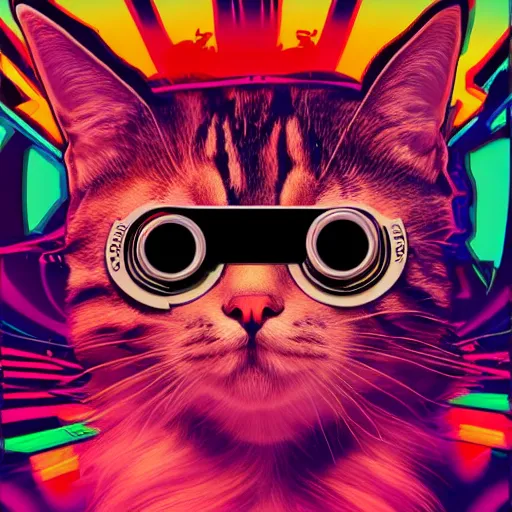 Prompt: cat wearing vr goggles, vaporwave poster illustration, artstation trending