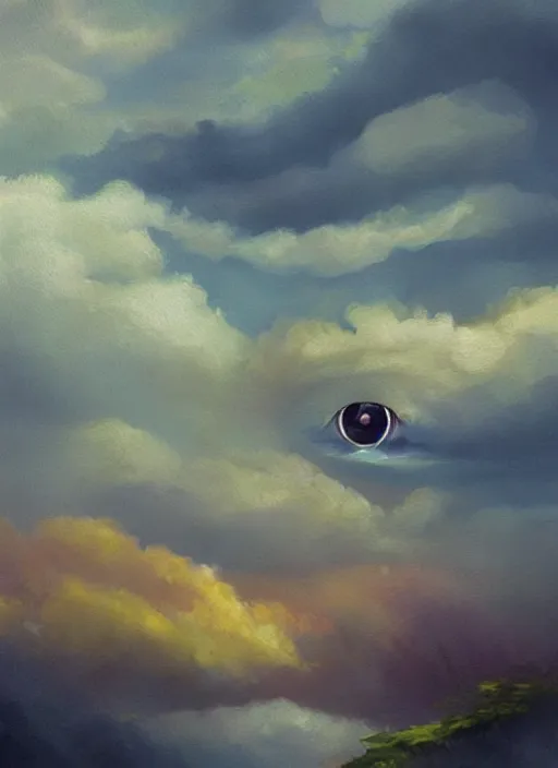Prompt: a beautiful painting of a single eye in a cloudy sky, fantasy art, matte painting, beautiful colors