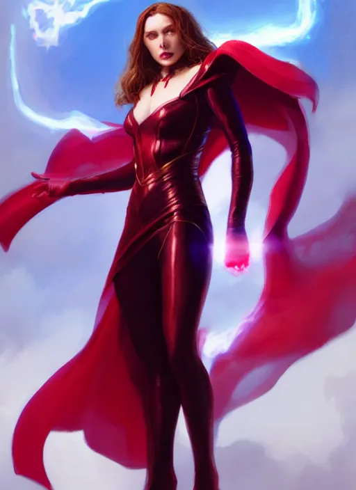 Image similar to Scarlet Witch as Lucifer morningstar, portrait, full body, hyper realistic, trending on artstation, art by wlop and J. C. Leyendecker and Edmund Bliar Leighton and Charlie Bowater, unreal engine render, octane render