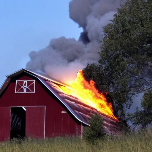 Image similar to a small barn engulfed in flames