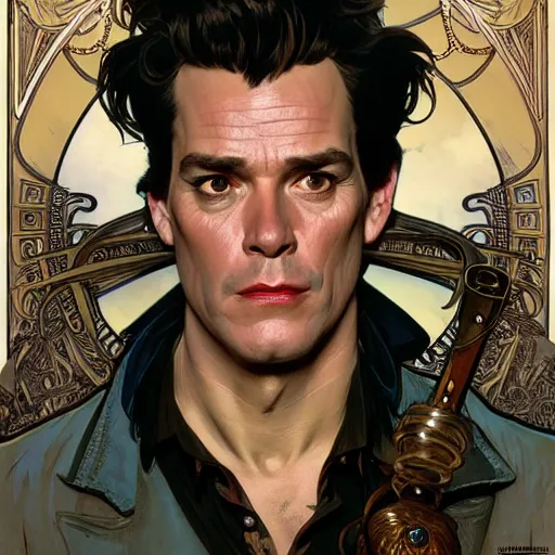 Prompt: full portrait of ace ventura as a noir detective, fantasy, d & d, intricate, detailed, by by alphonse mucha, adolfo hohenstein, alice russell glenny, stanley artgerm lau, greg rutkowski, detailed, trending on artstation, trending on artstation, smooth
