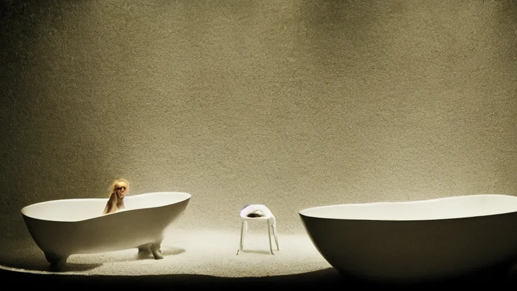 Image similar to the strange creature in a bathtub, makes the water float, film still from the movie directed by Denis Villeneuve with art direction by Salvador Dalí, wide lens