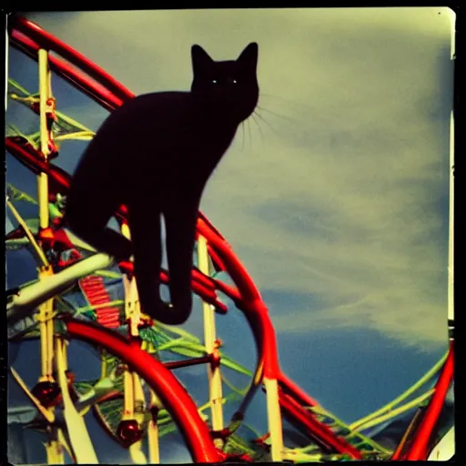 Prompt: black cat on a rollercoaster looping. sunlight. polaroid photo. bright colors.