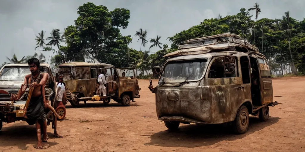 Image similar to sri lankan mad max style, tuk tuk, film still, epic shot cinematography, rule of thirds