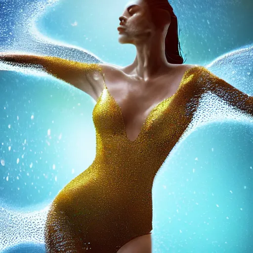 Prompt: a highly detailed digital image of an elegantly posed futuristic woman beautifully swimming, and intertwined from golden liquid like leaves, full body shot, by Andrew Chiampo, artstation, and Frederik Heyman, extremely detailed woman, stunning volumetric lighting, hyper realism, fantasy 4k