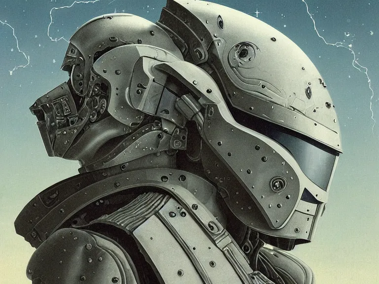 Image similar to a detailed profile painting of a bounty hunter in armour and visor, cinematic sci-fi poster. Cloth and metal. Flight suit, anatomy portrait symmetrical and science fiction theme with lightning, aurora lighting clouds and stars. Clean and minimal design by beksinski carl spitzweg giger and tuomas korpi. baroque elements. baroque element. intricate artwork by caravaggio. Oil painting. Trending on artstation. 8k