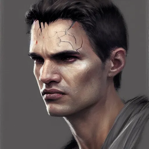 Image similar to portrait of a man by greg rutkowski, jedi knight, he looks like sam witwer, very short hair, wearing gray jedi robes, star wars expanded universe, he is about 2 0 years old, highly detailed portrait, digital painting, artstation, concept art, smooth, sharp foccus ilustration, artstation hq