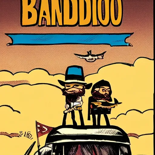 Image similar to bearded bandito with pancho and sombrero standing on top of a train at sunset, dave gibbons